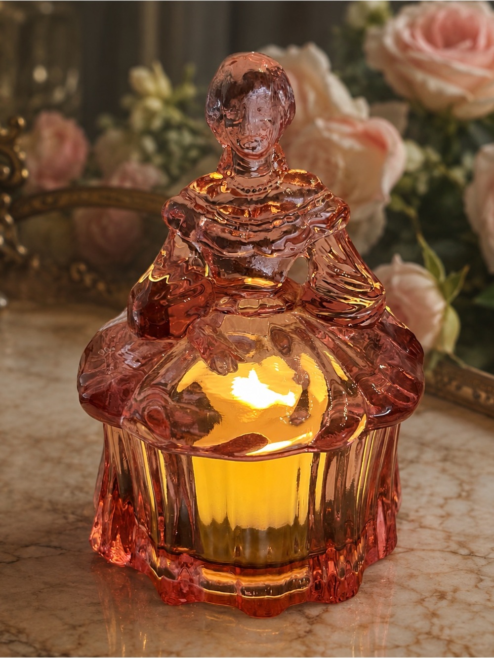 Vintage Mosser Pink Glass Colonial Lady Powder Jar Fairy Lamp